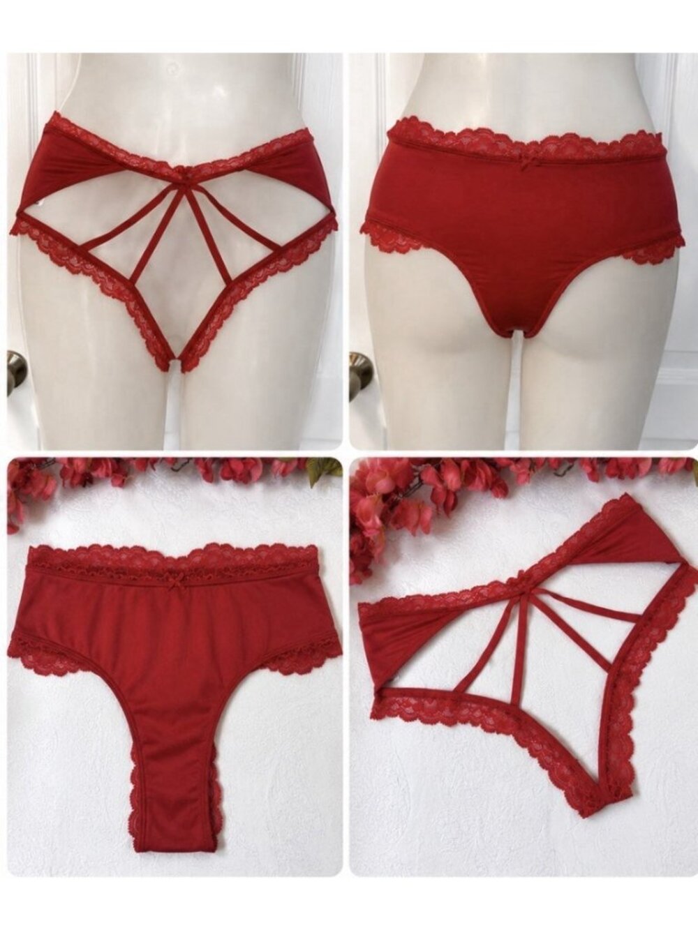 VICTORIA'S SECRET M RED VERY SEXY CUT OUT STRAPS SILKY CHEEKY PANTIES SUMMER NWT